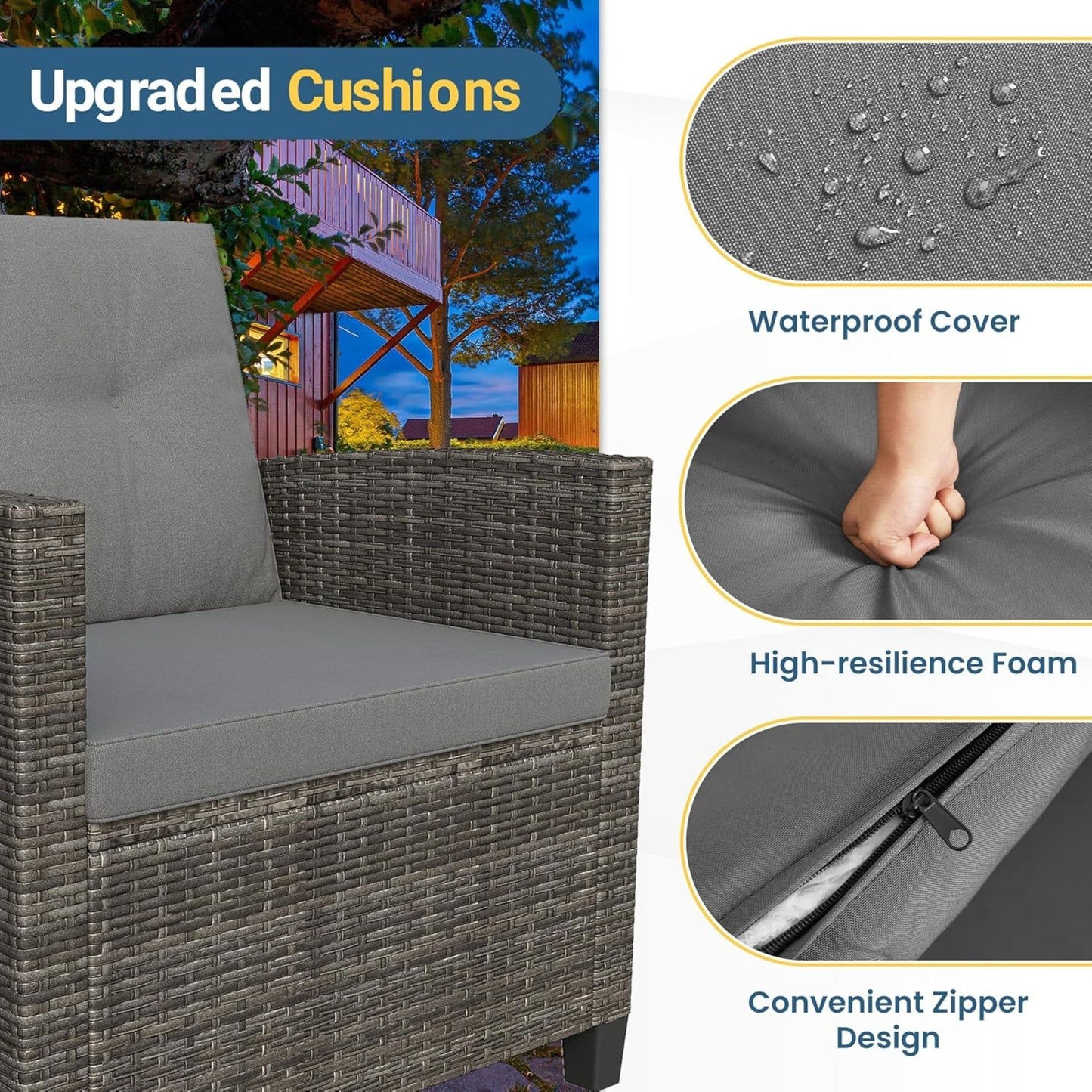 Outdoor Patio Set PE Rattan Gray 4 Piece Loveseat Chairs Acacia Table