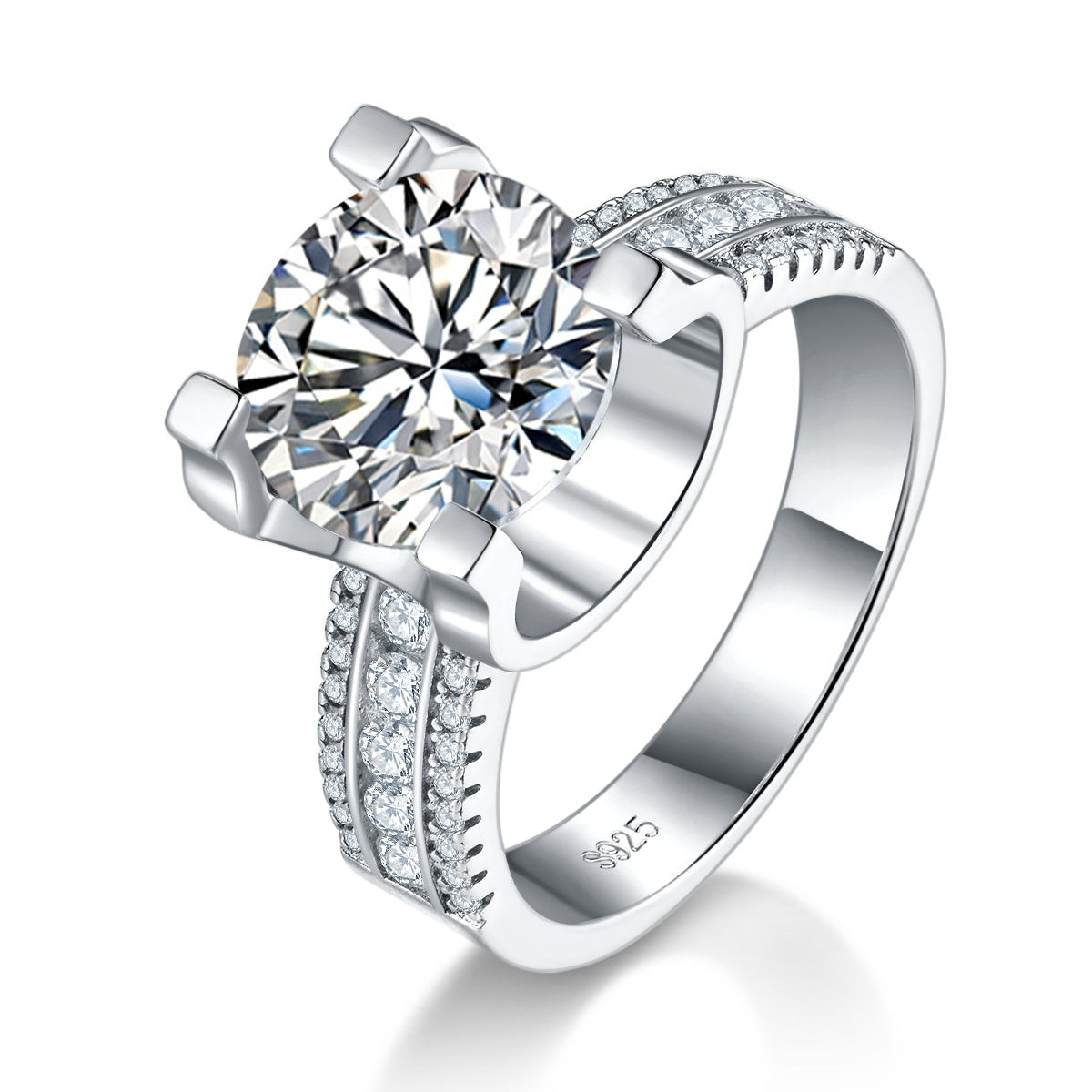 S925 Sterling Silver 5ct Moissanite Ring, 11mm D-VVS1 Wide Band, Platinum Plated 7.7g US Sizes 5-9 GRA Gift Box
