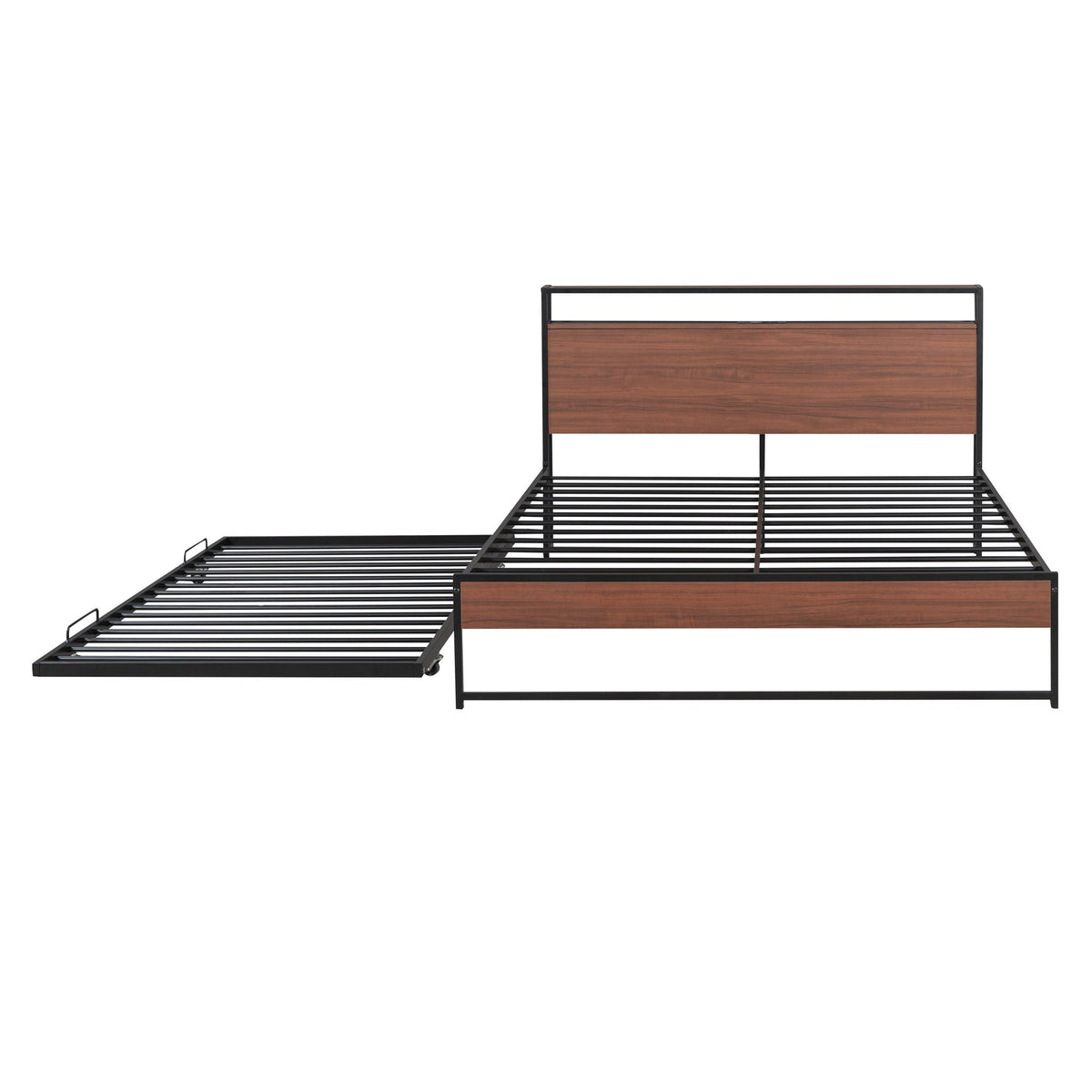 Platform Bed Frame With Trundle, USB Ports And Slat Support, No Box Spring Needed