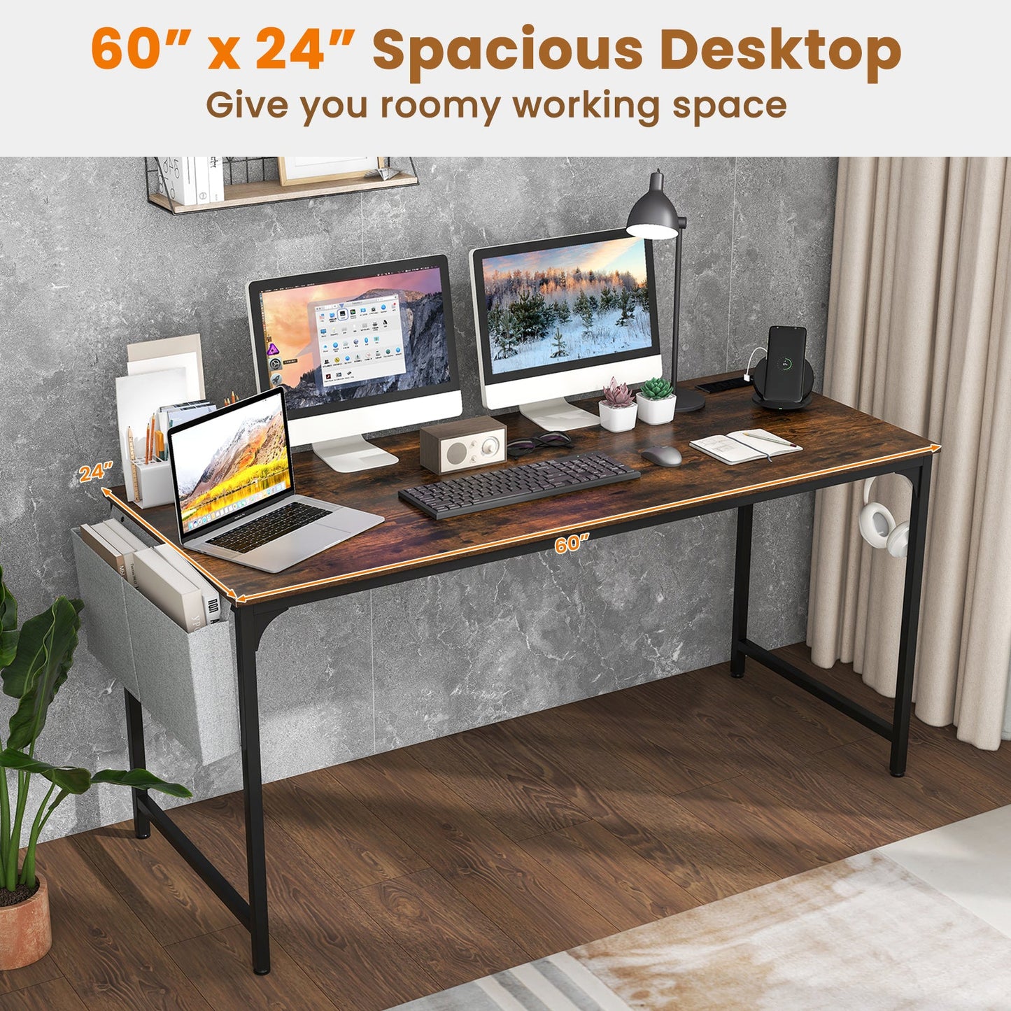 60 Inch Computer Desk with Charging Station Storage Bag