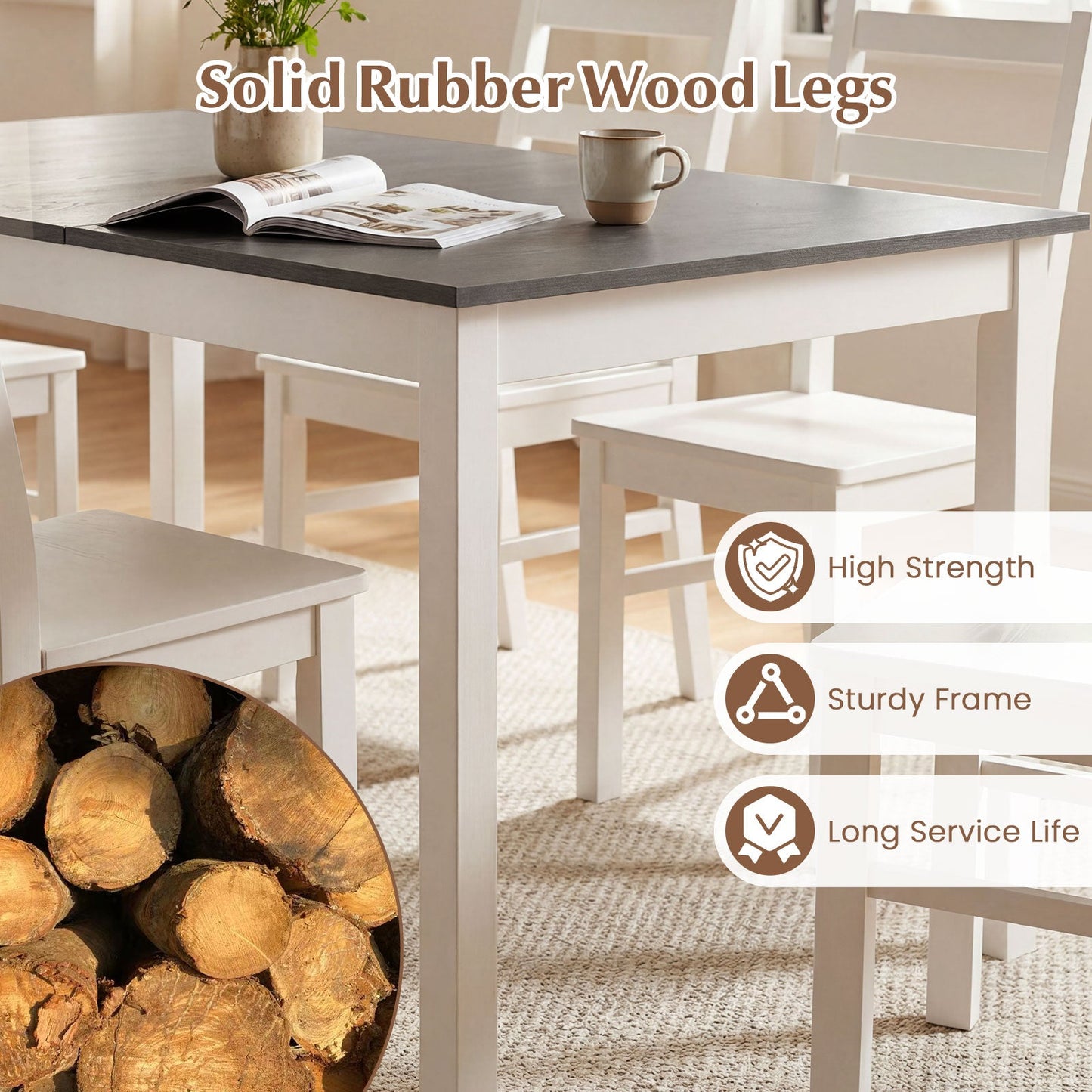60 Inch Rectangular Dinner Table with Solid Rubber Wood Legs