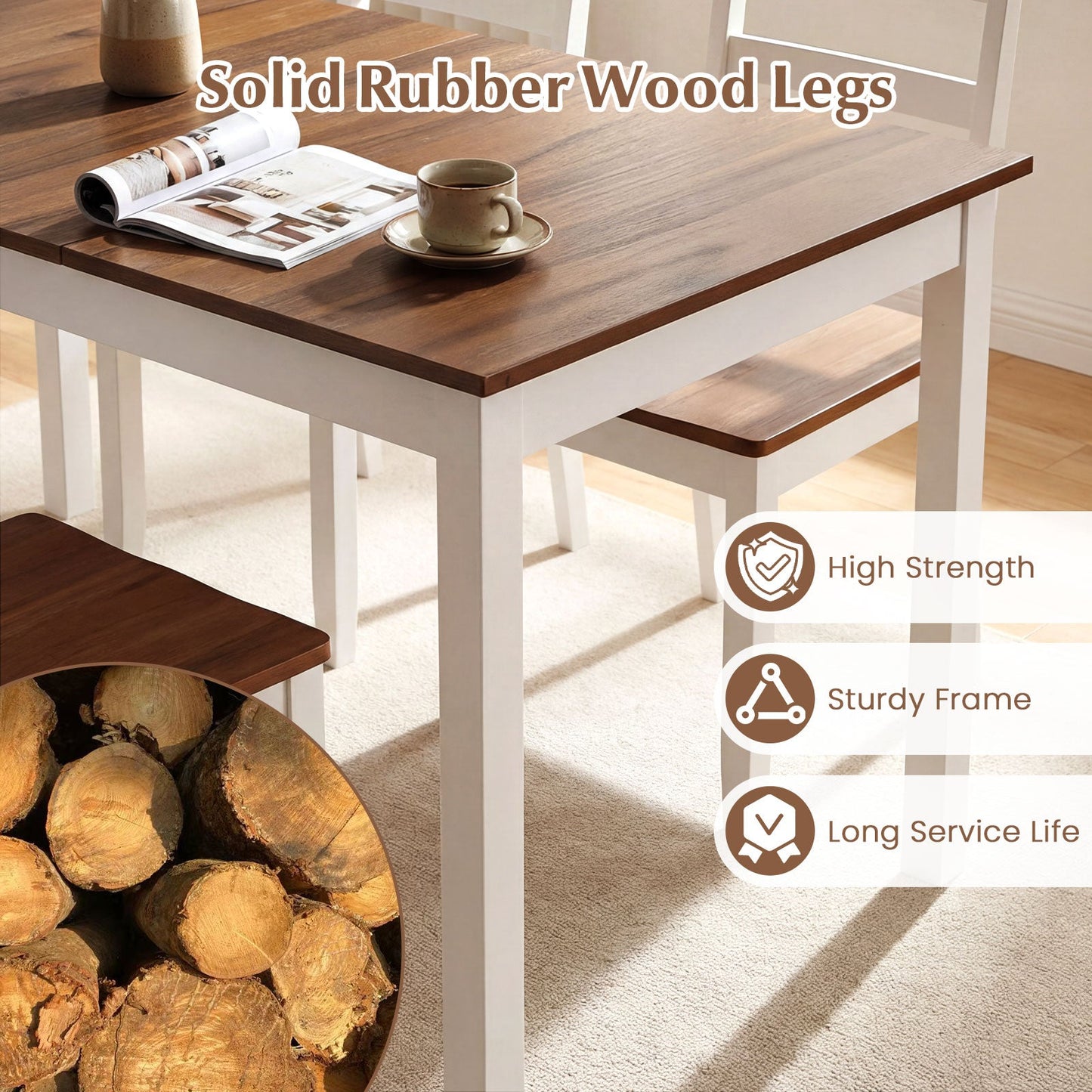 60 Inch Rectangular Dinner Table with Solid Rubber Wood Legs