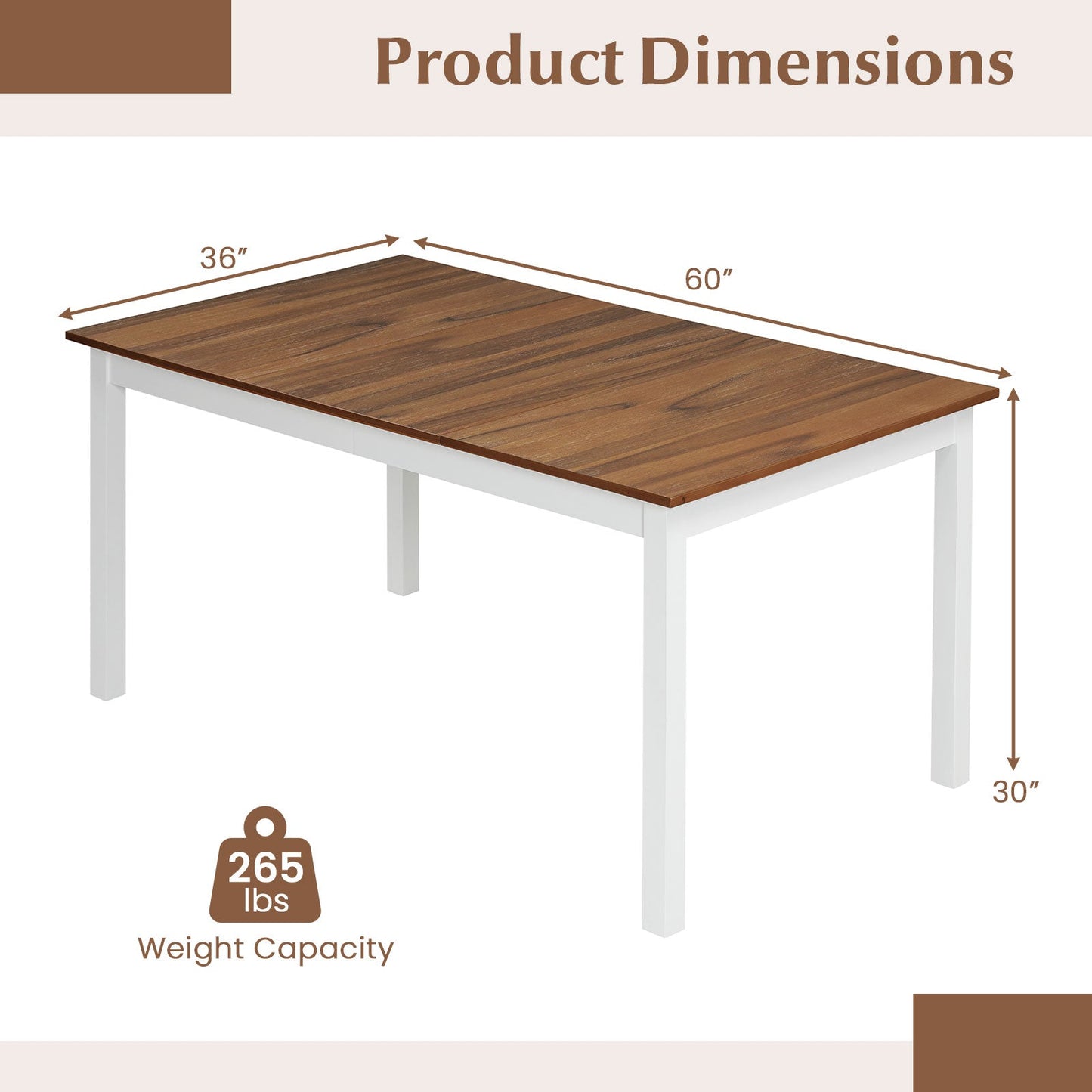 60 Inch Rectangular Dinner Table with Solid Rubber Wood Legs