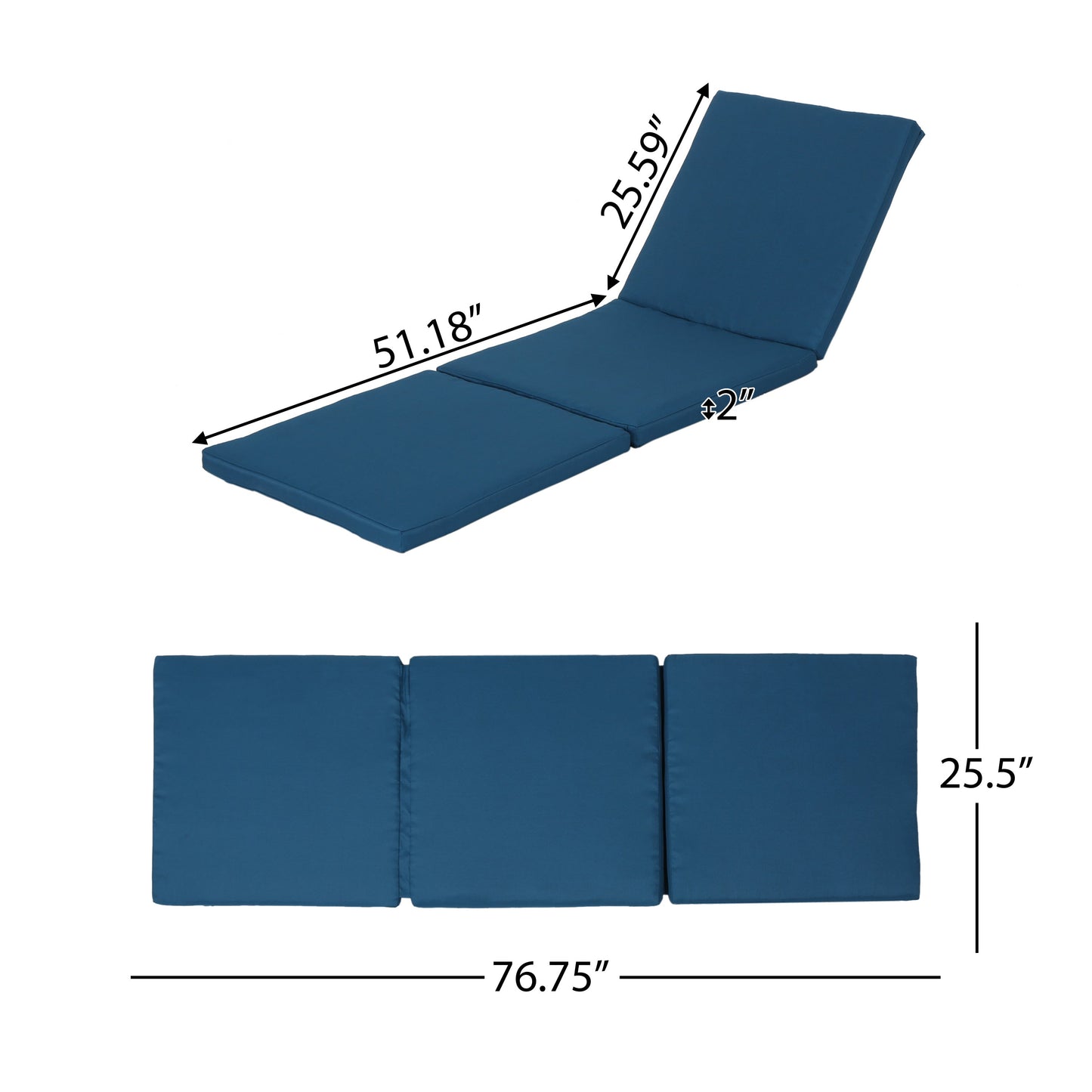 Outdoor Chaise Lounge Cushion Blue Polyester Waterproof Tie-Down 76.75x25.5 In