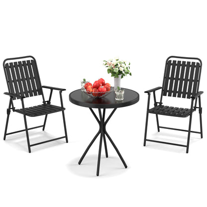 Outdoor Patio Set Metal WPC Black 3 Piece Folding Chairs Glass Table 350 LB