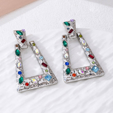 Luxury Exaggerated Geometric Drop Earrings For Women, Vintage High-End Statement Earrings With Multicolor Rhinestones