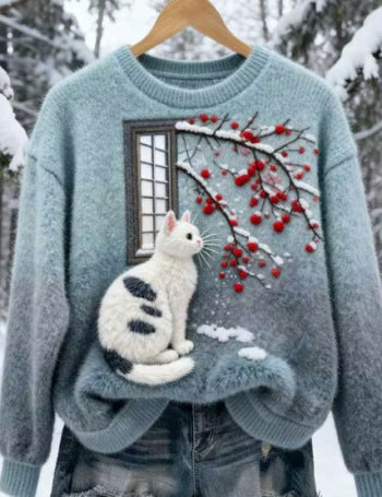 New Flannel Printed Christmas Sweet Crew-Neck Top With Snowman Design