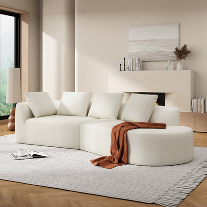 Sectional Sofa Curved Pearl Polyester Beige 3 Seat Right Chaise 116 In