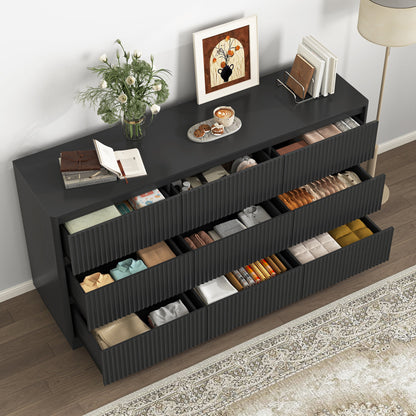 Mid-Century 9-Drawer Black Wave Dresser 59.1x15.7x31.6