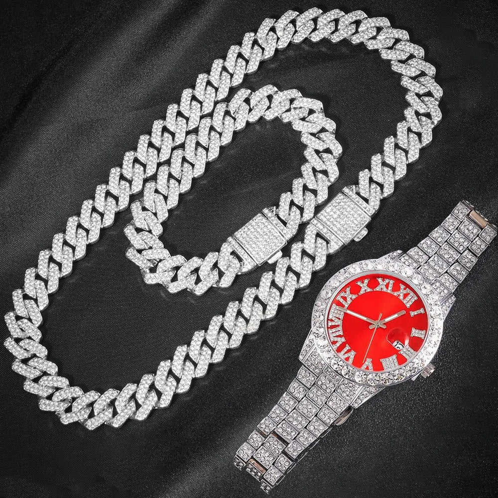 Hip-Hop EuropeanAmerican Cross-Border 14mm Cuban-Link Watch Set