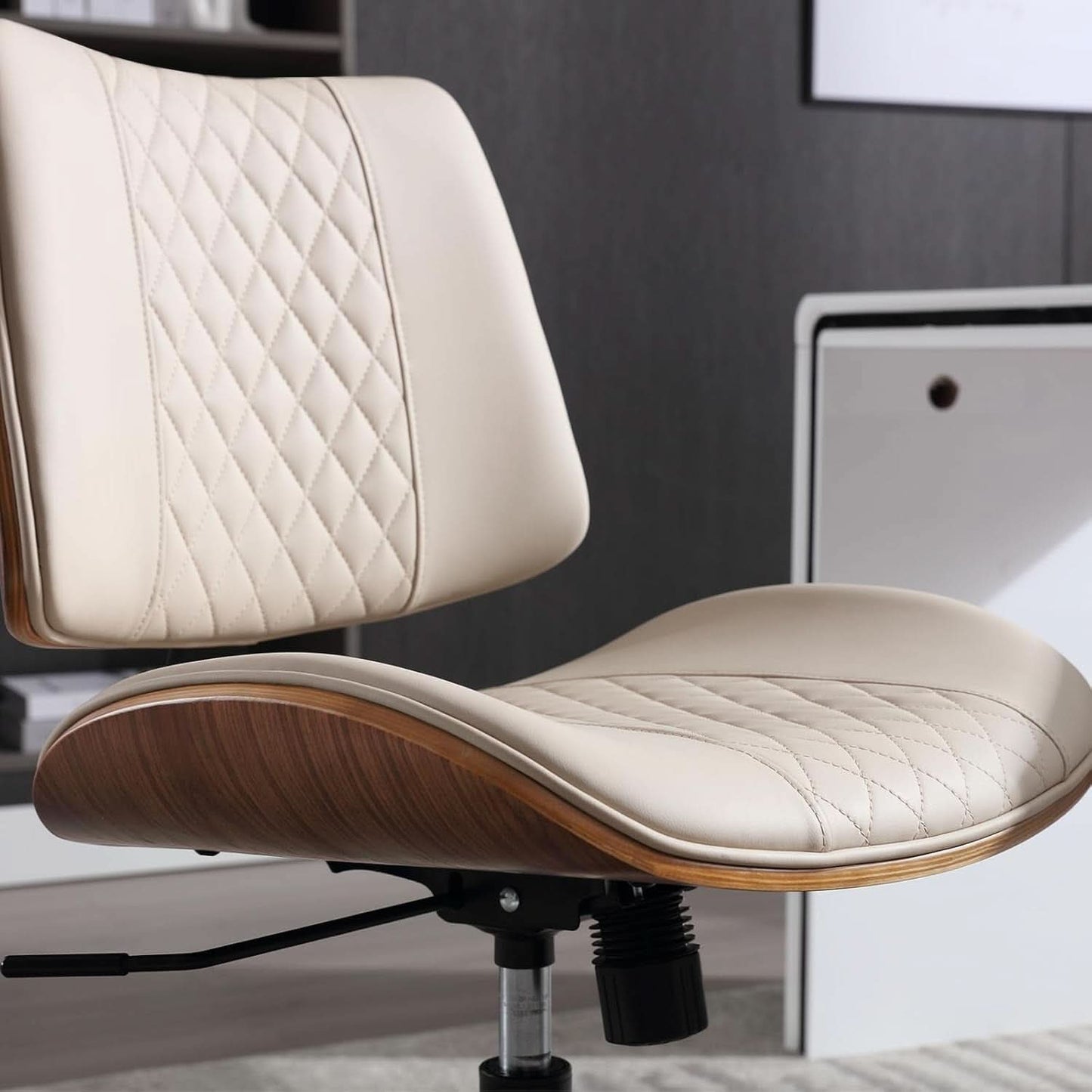 Armless Office Chair With Wheels Beige PU Leather Ergonomic