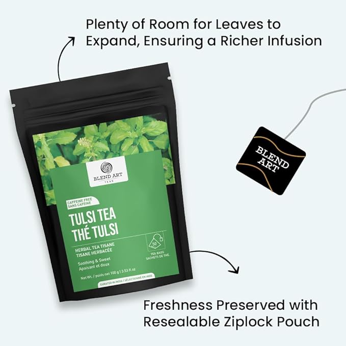 Tulsi Holy Basil Tea Bags 50 Count For Cognitive Balance & Overall Health Ayurvedic Tulsi With Antioxidants Caffeine Free Holy Basil Leaves Pyramid Herbal Tea Bags Support Digestion & Boost Immunity