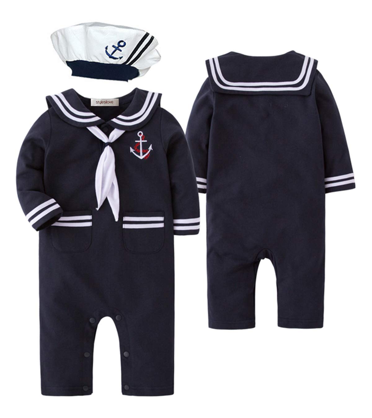 stylesilove Baby Sailor Romper Set with Hat and Necktie