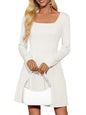 Wenrine Womens Long Sleeve Mini Dress Square Neck A Line White Size S