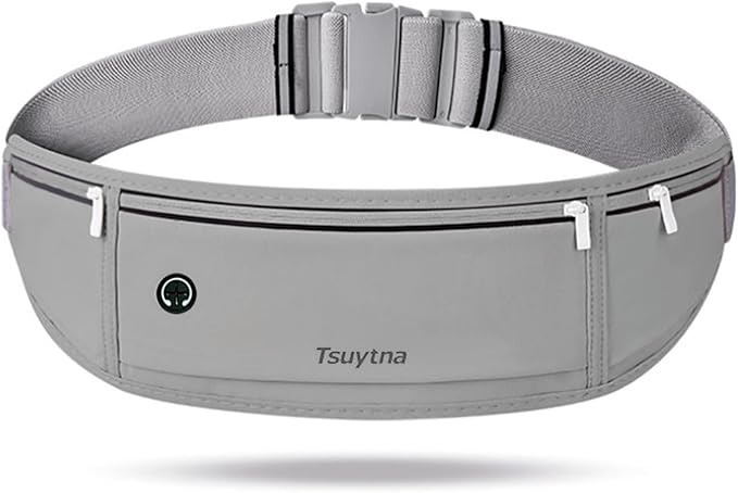 Running Belt for Women & Men - Slim Phone running belt with Water-Resistant Phone Holder, 3 pockets Adjustable Waist Strap, Reflective Safety Design for Running, Hiking, Travel，Fitness (Grey)