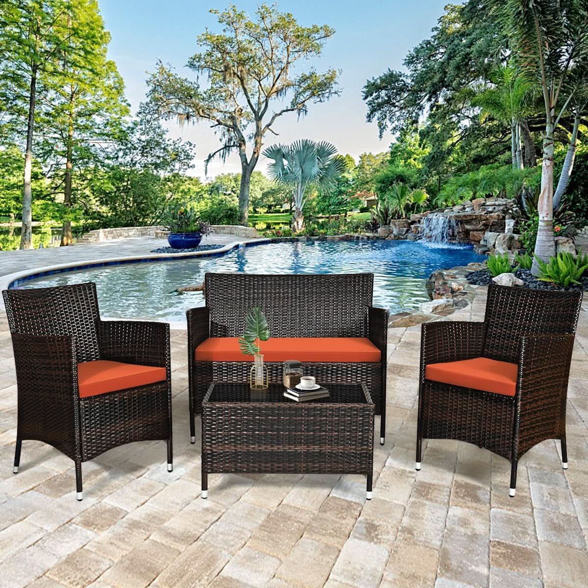 Rattan Patio Set With Cushioned Chairs And Glass Table