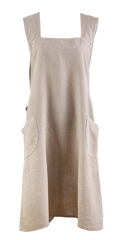 Fennco Styles Solid Criss Cross Back Apron Pure 100% Linen Cooking Kitchen Apron