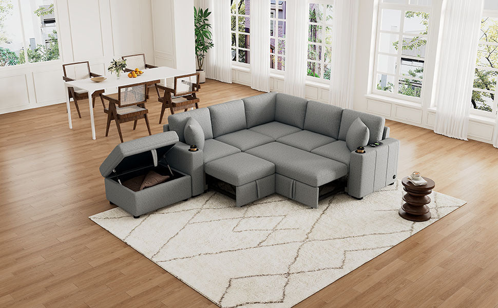 84" Sectional Sofa Convertible Pull-Out USB Gray