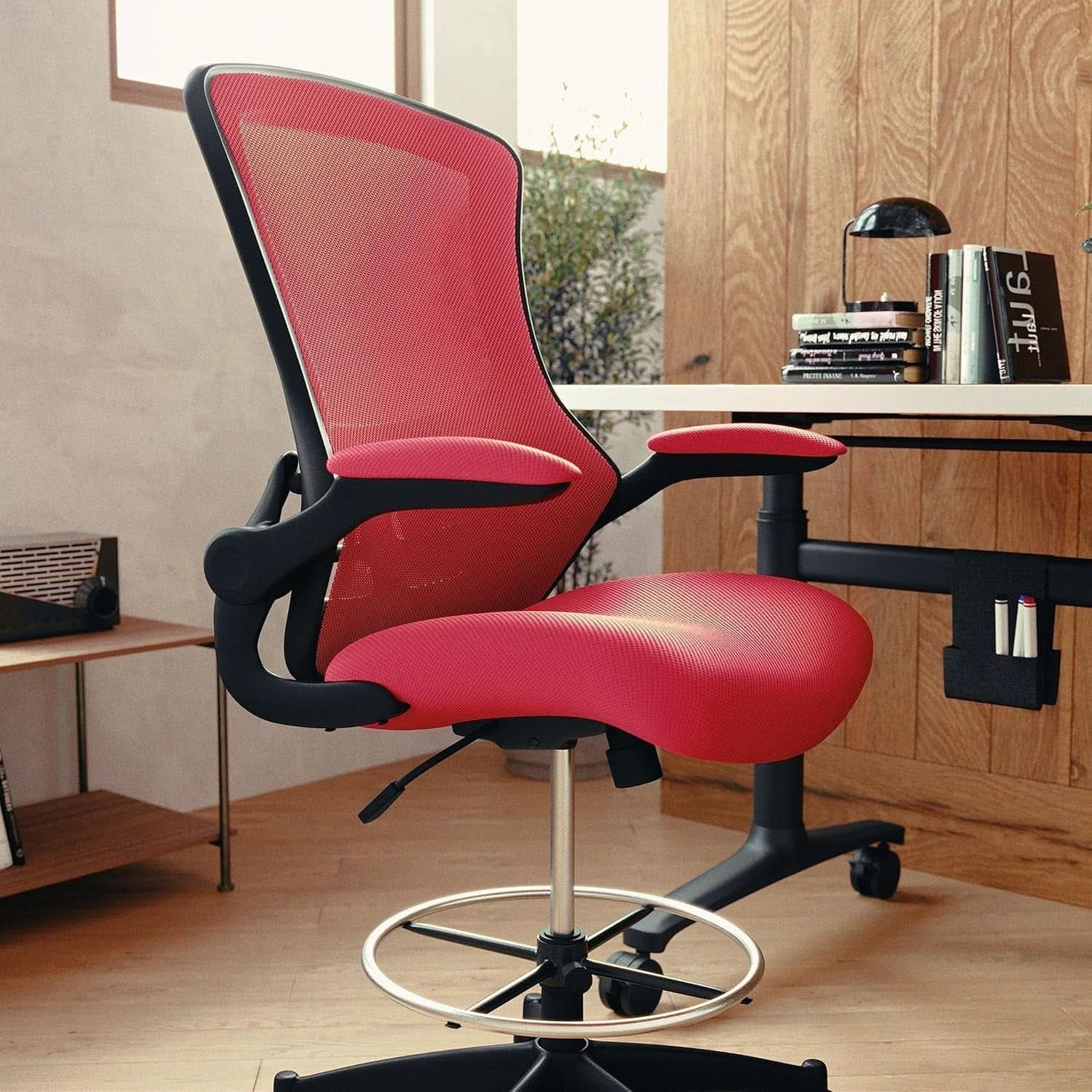 Kelista Red Mid Back Swivel Office Chair With Flip Armrests