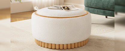 29' Round Storage Ottoman with Solid Wood Legs, Boucle Fabric, No Assembly