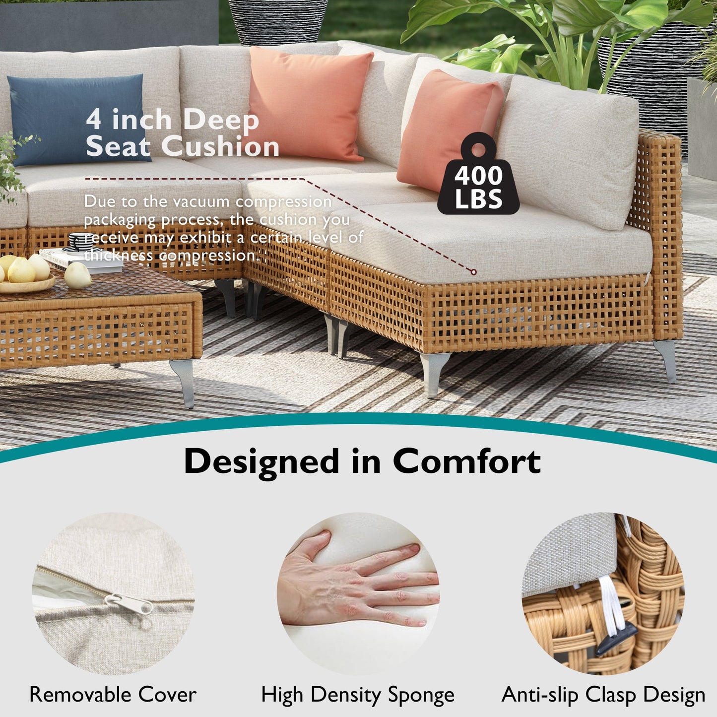 Outdoor Patio Set with Fire Pit Table Rattan Metal Beige 8 Piece