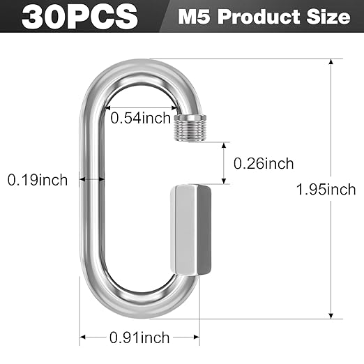 M5-30 Pack 1.95” Quick Links Chain Connectors, 3/16″ Galvanized Chain Locking Carabiners Hooks, 650LBS Heavy Duty Thread Quick Link Clips, Twist Oval Keychain D Shape for Swing, Camping
