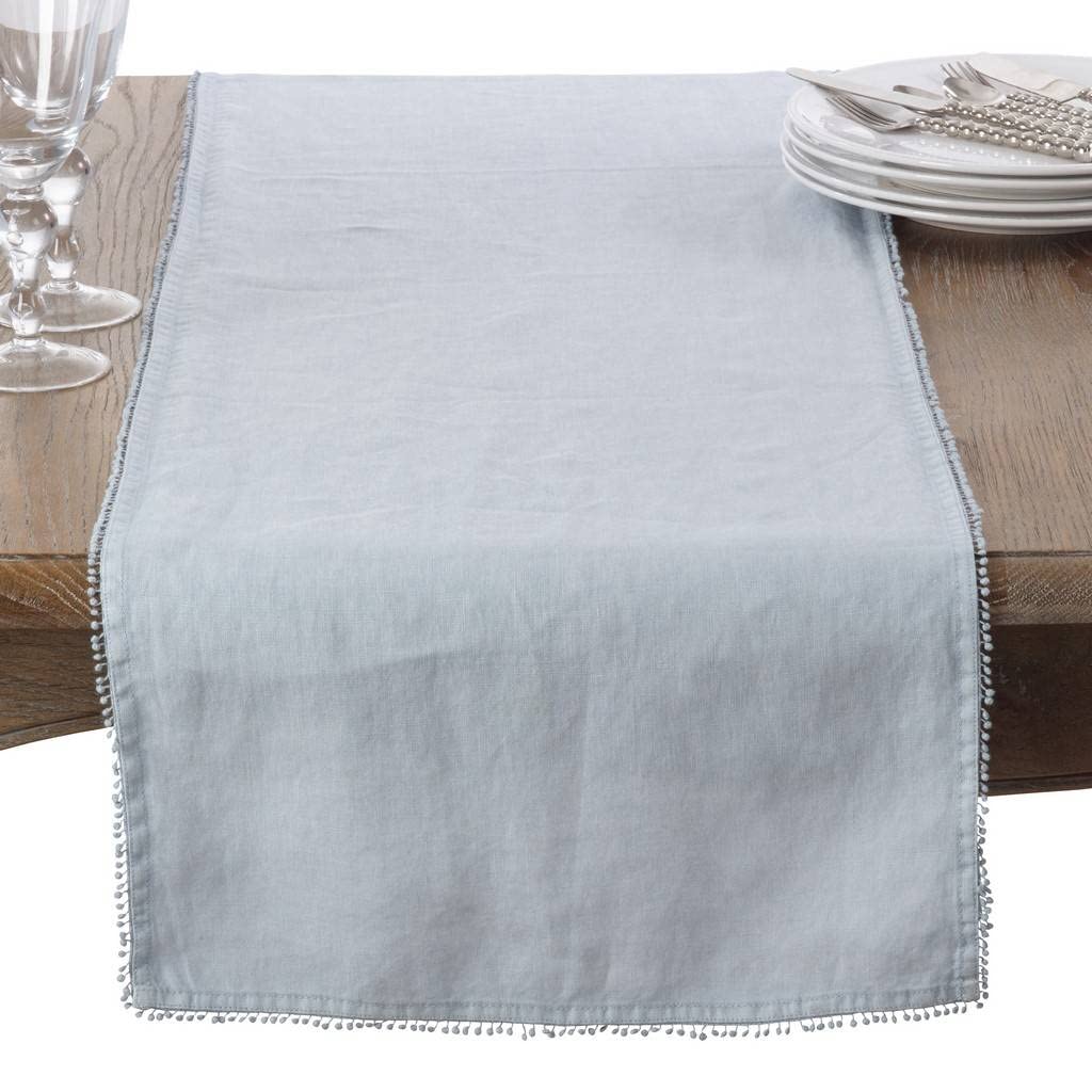 Fennco Styles Pomponin Collection Pom Pom Design 100% Linen Table Runner