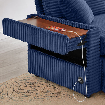 Convertable Loveseat L-Shape Corduroy Blue Storage Chaise 2 Ottomans USB 69 In