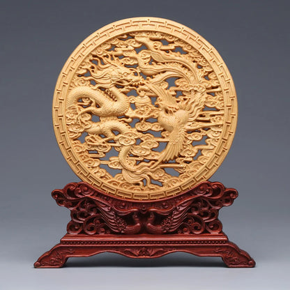 Wood Carving Dragon and Phoenix Round Carving Art Statue High Quality