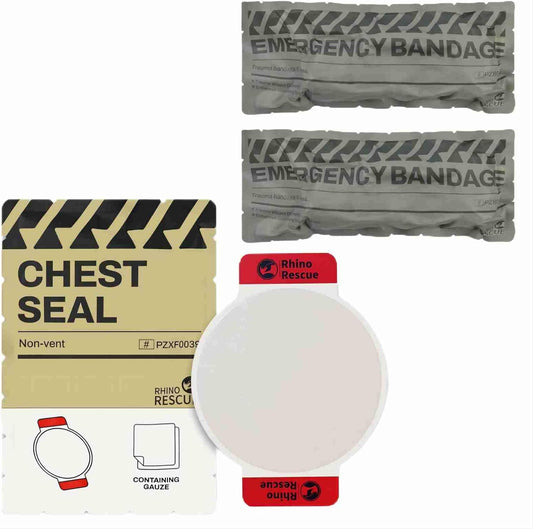 RHINO RESCUE Bundle- Non-Vented Chest Seal, IFAK Emergency Trauma Dressing+6" Israeli Style Emergency Bandage, Compression Trauma Wound Dressing