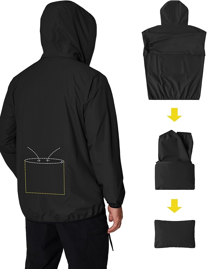 COOFANDY Men's Packable Rain Jacket Lightweight Waterproof Raincoat with Hood Travel Hiking Golf Windbreaker
