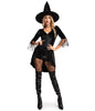Women's Classic Witch Costume - Black Velour Bodysuit with Hat and Lace Sleeves