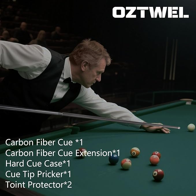 Carbon Fiber Pool Cue Stick, 12.4mm 8-Layer Tip Low Deflection Pool Cue Professional Pool Sticks for Adults with Pro Taper Cue Shaft 3/8 x 8 Joint Pin