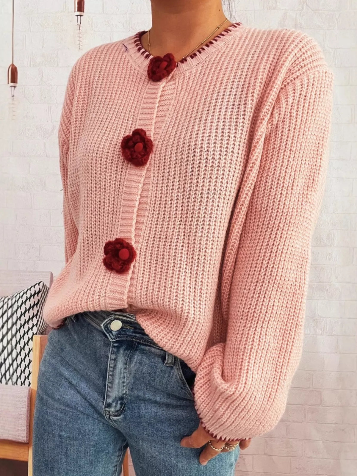 Flower Button Long Sleeve Cardigan