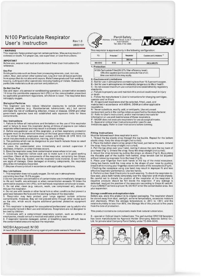 Parcil Safety NIOSH-Approved N100 ProSeal Disposable Respirator Mask - Advanced Filtration, Comfort Fit - Protects Against Particulates, Dust, and Contaminants - Industrial Grade