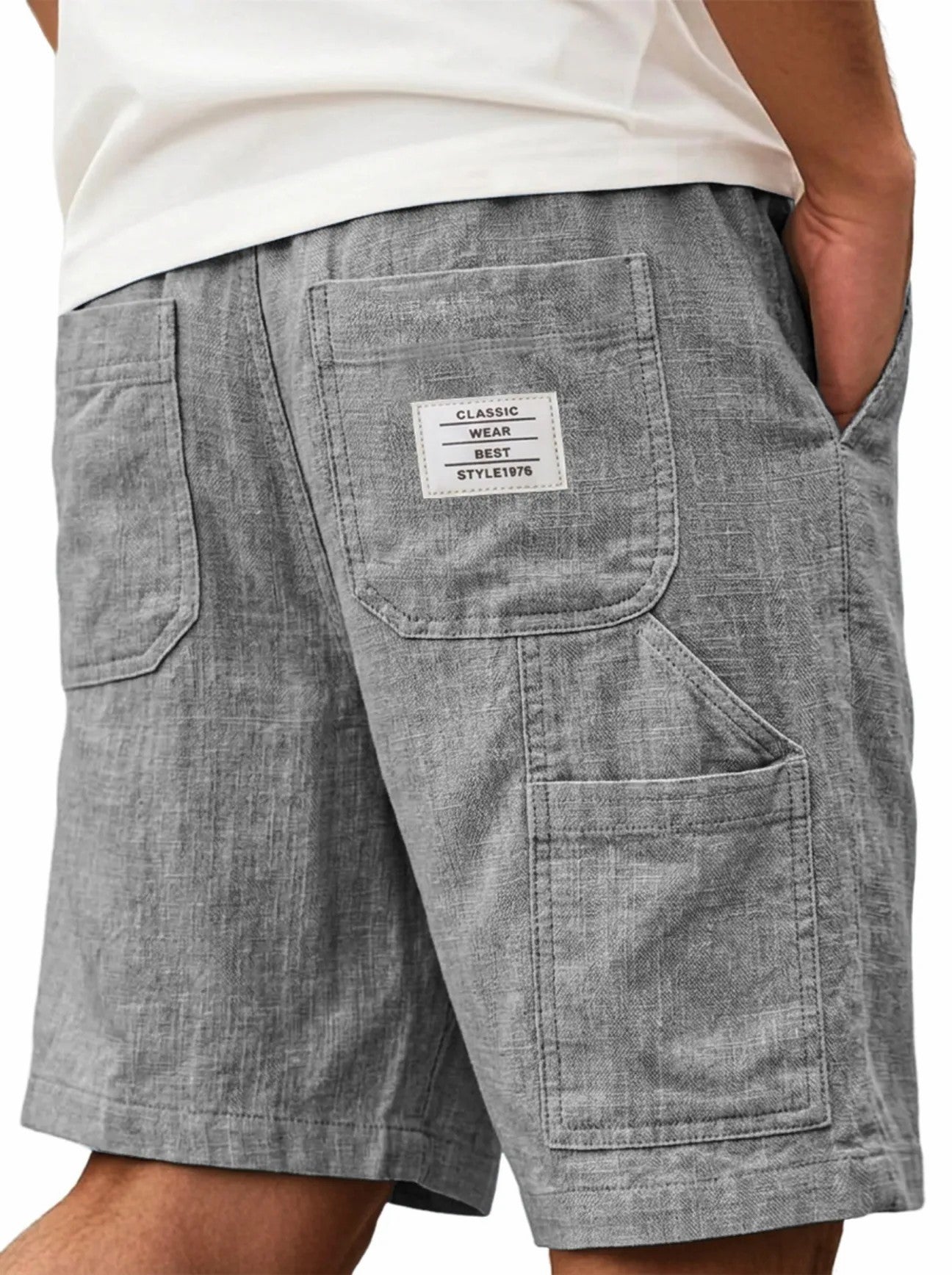 Mens Solid-Color Bamboo-Texture Linen Multi-Pocket Shorts