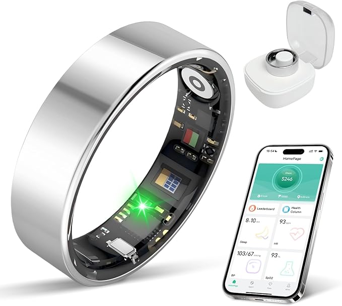 Smart Ring with Sleep Monitoring, No APP Subscription, 10-Day Battery Life, Stress/Heart Rate/Women's Health Tracker, Android & iOS Compatible (Silver, 8)