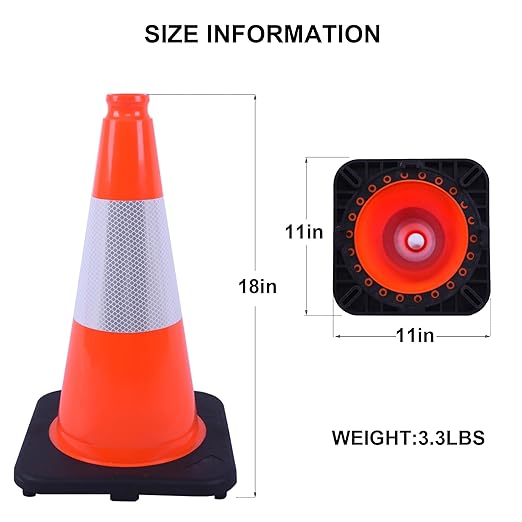 OrangeStar 18" Traffic Cones 6-Pack with Weighted Rubber Base, 6" Reflective Collar, Orange Safety Cones for Parking Lot, Road Construction, Warehouse, Highway, Weatherproof PVC