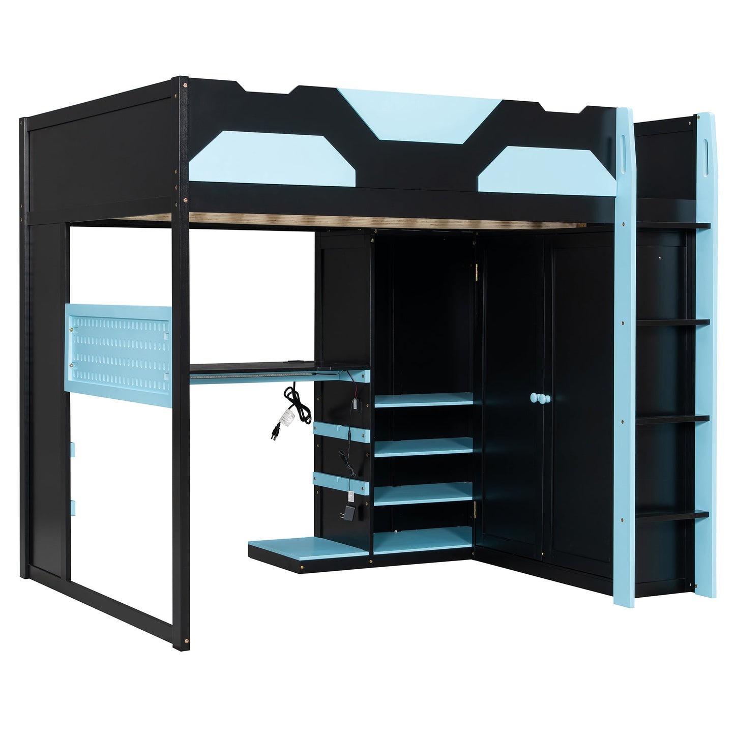 Full Size Wood Loft Bed with Desk, Multi-storage Shelves, USB and RGB Light
