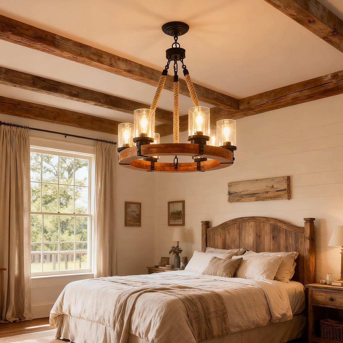 Chandelier Wood Round 6-Light Wagon Wheel Farmhouse Seeded Glass 23.62 In