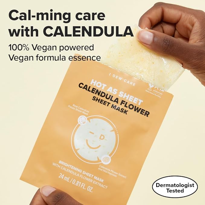 I DEW CARE Real Herb Calendula Sheet Face Mask - Hot As Sheet | Korean Face Masks Skincare, Moisturizing and Calming for Dry Skin with Calendula Flower Extract, 2% Niacinamide, 10EA