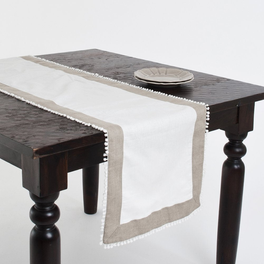 Fennco Styles Ivory and Tan Pompom Bordered Linen Blend Tablecloth