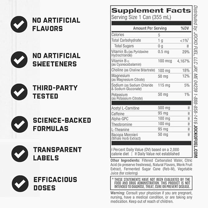 Jocko Fuel Blue Raspberry Energy Drink, 12 Pack, 0 Sugar, 95mg Caffeine, Supports Brain Health