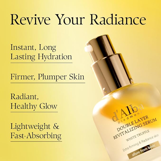 d'alba Piedmont Italian White Truffle Double Layer Revitalizing Serum, 100hr Hydration, Hyaluronic Acid and Centella Asiatica, Skin Firming and Tightening, Long-lasting Korean Skin Care (1.69 fl.oz)
