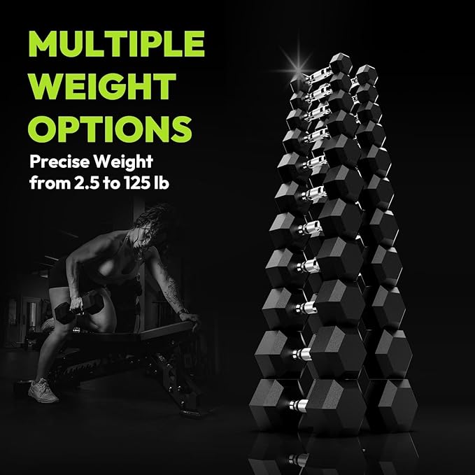 Hex Dumbbell 40-125 lb, Rubber Encased Exercise & Fitness Dumbbells, Hand Weight for Strength Training