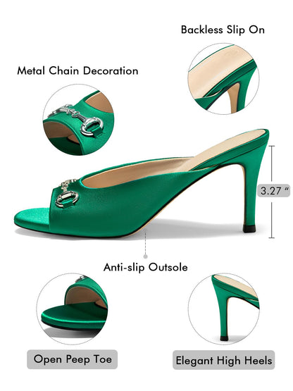 Coutgo Womens Slide Sandals Peep Toe Heeled Mules Metal Chain Green Size 8.5