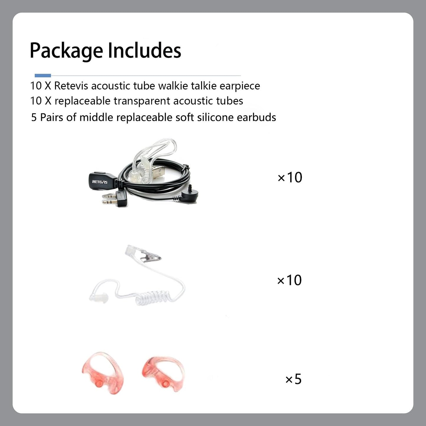 Case of 10, Retevis Walkie Talkies Earpiece with Mic 2 Pin Acoustic Tube Headset, for RT22 RT21 RT68 H777, Compatible with Pxton Baofeng BF-888S BF-T26 Kenwood walkie talkie, Two Way Radio Earpiece