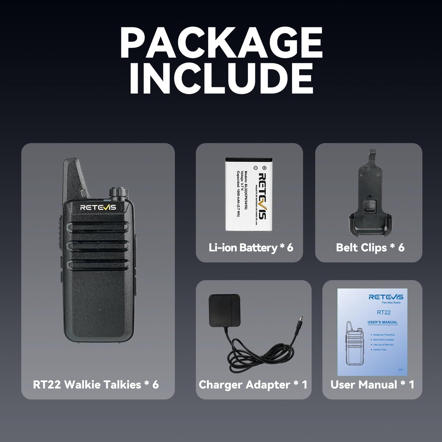 Retevis RT22 Walkie Talkies Rechargeable Hands Free 2 Way Radios Two-Way Radio(6 Pack) with 6 Way Multi Gang Charger