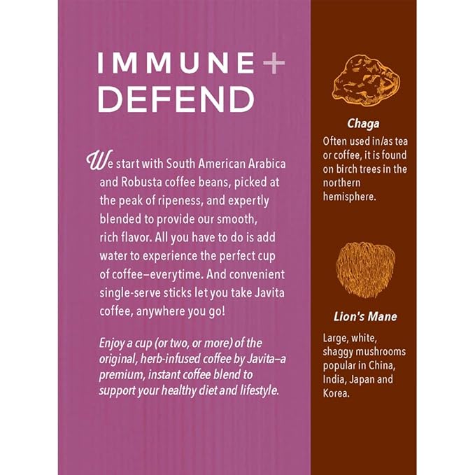 Mushroom Coffee by Javita, Immune & Defend Blend of Chaga, Lion's Mane and Dark Roast Coffee for Morning Boost, Antioxidant Support; Keto-friendly, 24 (3.5g) Sticks, 2 boxes
