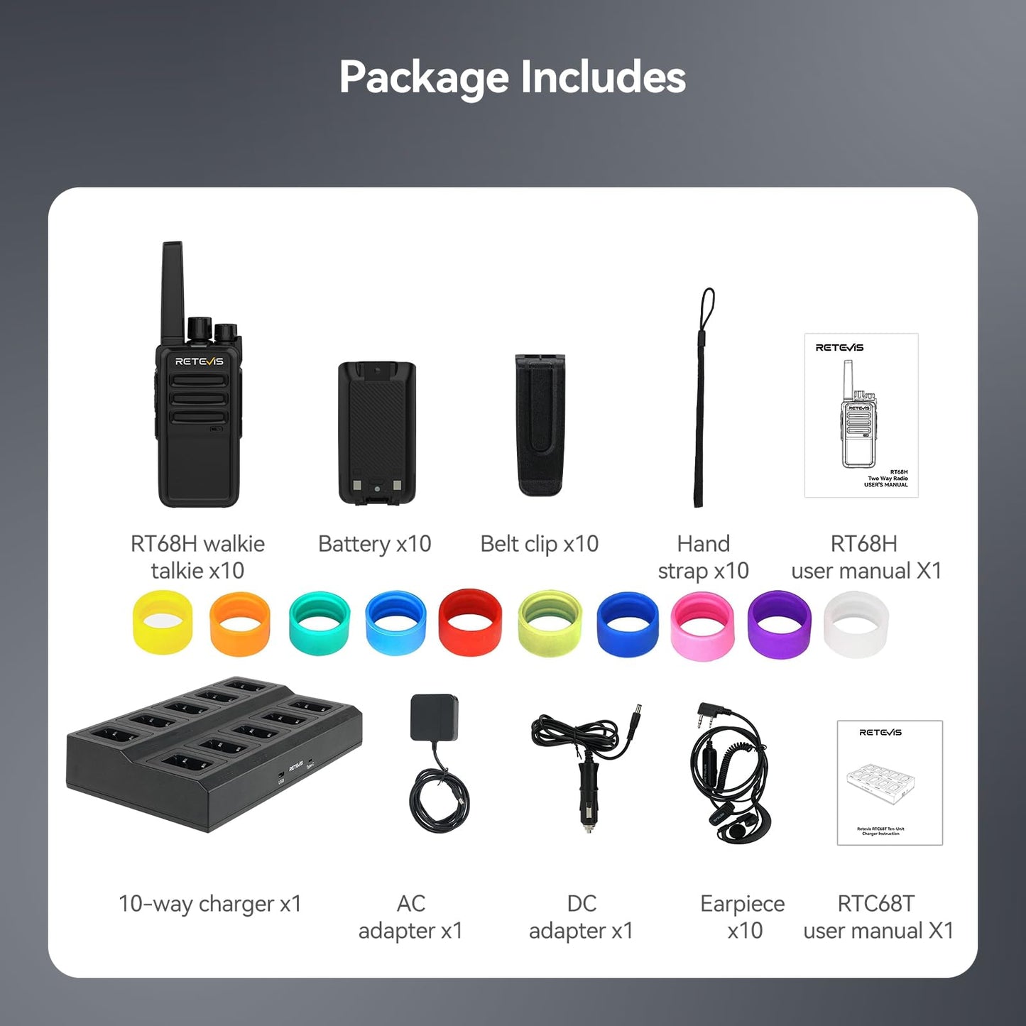 Retevis RT68 2 Way Radio, Long Range Walkie Talkies for Adults (10 Pack) with 10 Multi Way Charger, Easier Securer Charging, 1200mAh, Compact Handheld Two Way Radios Rechargeable for Industry